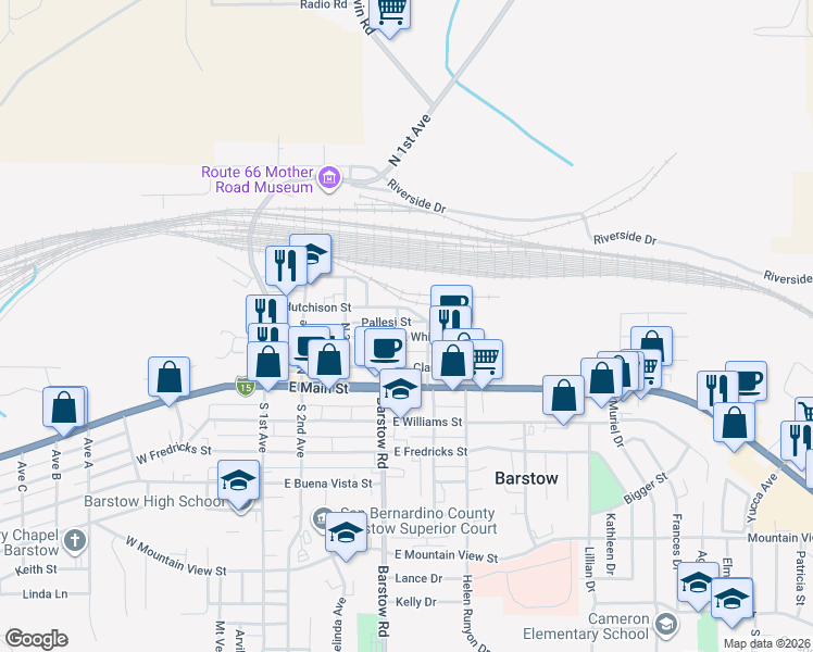 map of restaurants, bars, coffee shops, grocery stores, and more near 505 Pallesi Street in Barstow