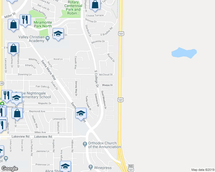 map of restaurants, bars, coffee shops, grocery stores, and more near 954 Bluejay Drive in Santa Maria
