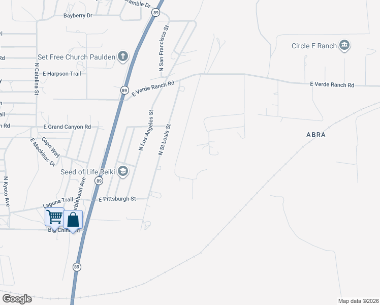 map of restaurants, bars, coffee shops, grocery stores, and more near 24325 North Angel Way in Paulden