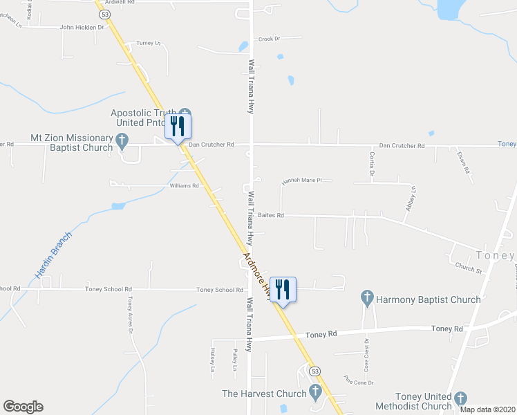 map of restaurants, bars, coffee shops, grocery stores, and more near 10435 Wall Triana Highway in Toney
