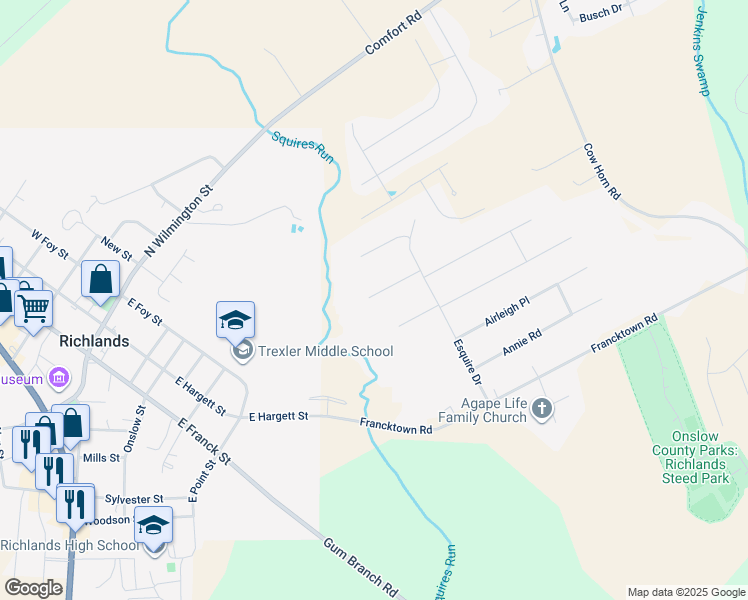 map of restaurants, bars, coffee shops, grocery stores, and more near 117 Dukes Lake Circle in Richlands