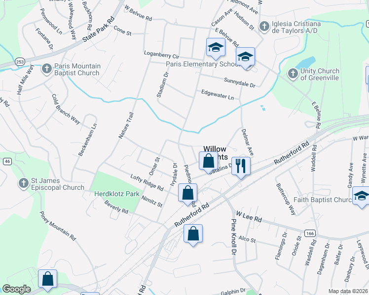 map of restaurants, bars, coffee shops, grocery stores, and more near 321 Piedmont Park Road in Greenville