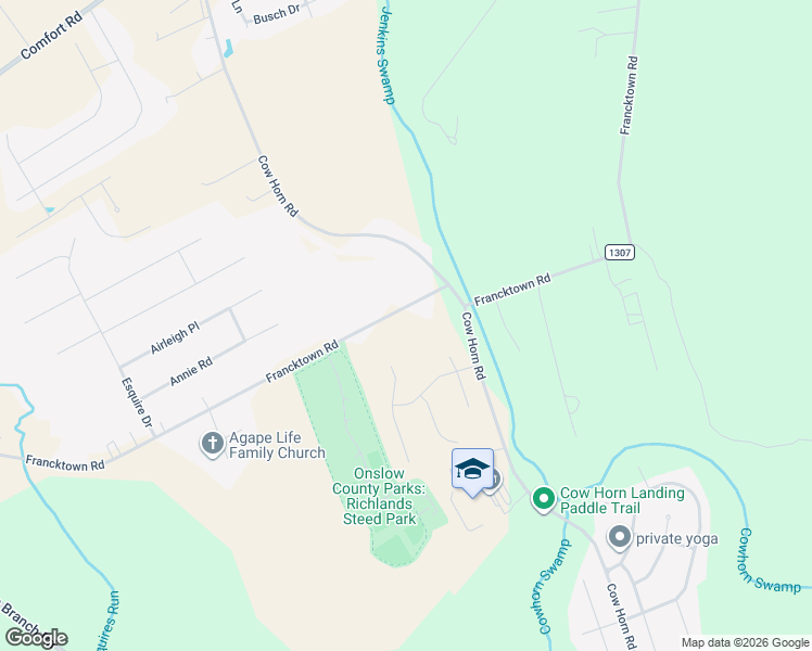 map of restaurants, bars, coffee shops, grocery stores, and more near 336 Francktown Road in Richlands