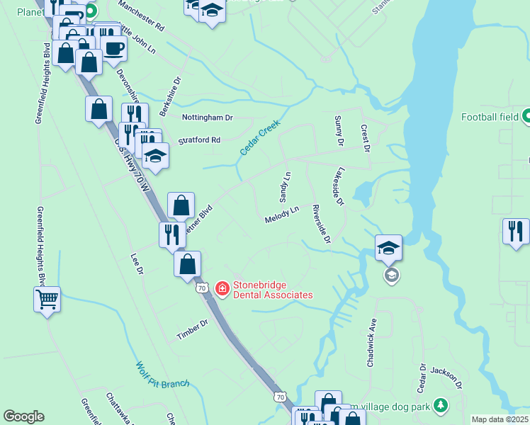 map of restaurants, bars, coffee shops, grocery stores, and more near 107 Melody Lane in Havelock