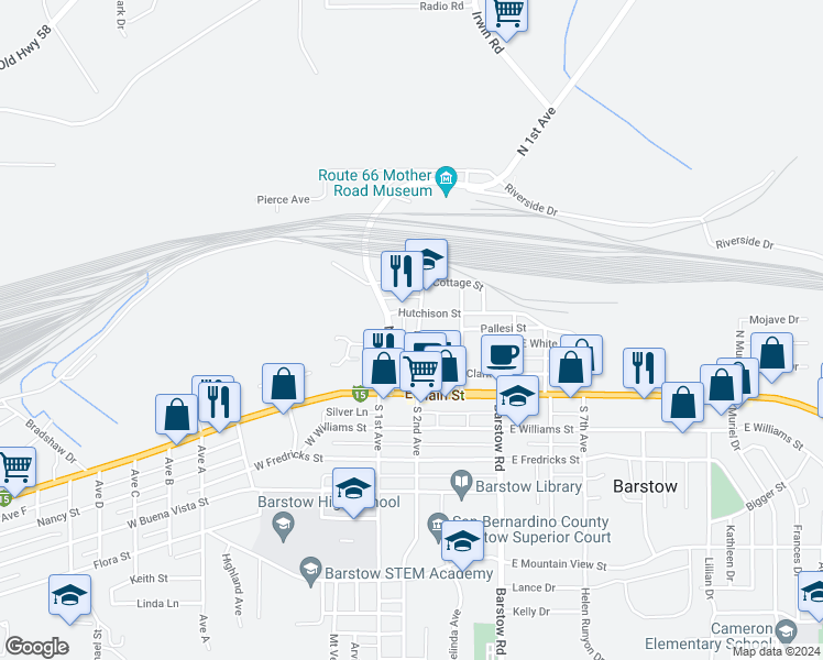 map of restaurants, bars, coffee shops, grocery stores, and more near 305 North 1st Avenue in Barstow