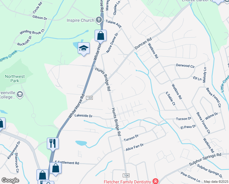 map of restaurants, bars, coffee shops, grocery stores, and more near 710 Hunts Bridge Road in Greenville