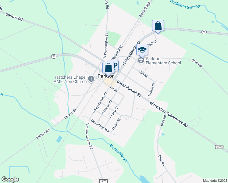 map of restaurants, bars, coffee shops, grocery stores, and more near 202 1st Street in Parkton
