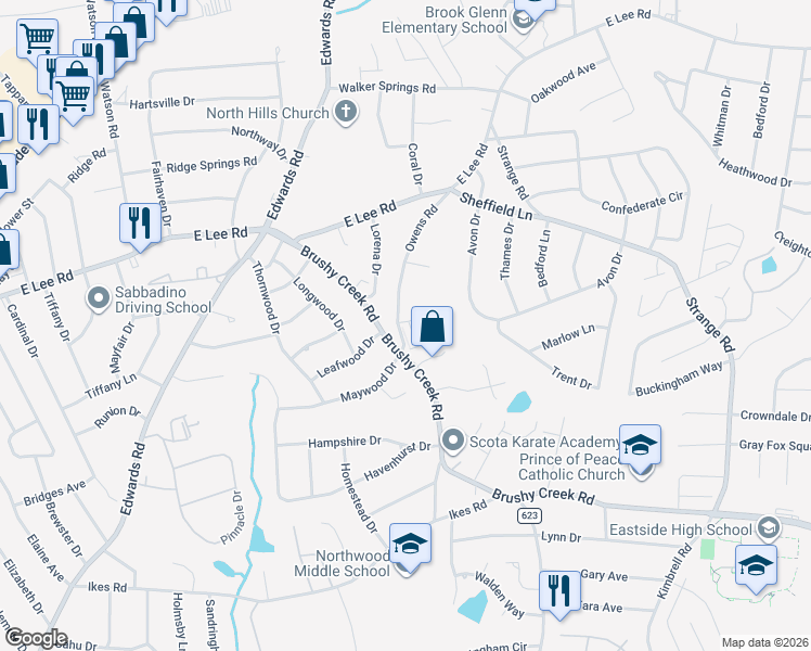 map of restaurants, bars, coffee shops, grocery stores, and more near 302 Brushy Creek Road in Taylors