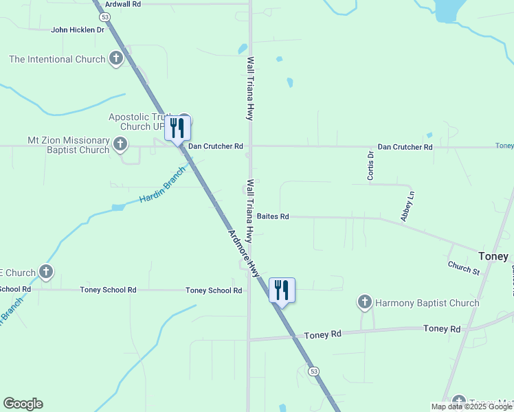 map of restaurants, bars, coffee shops, grocery stores, and more near 10435 Wall Triana Highway in Toney