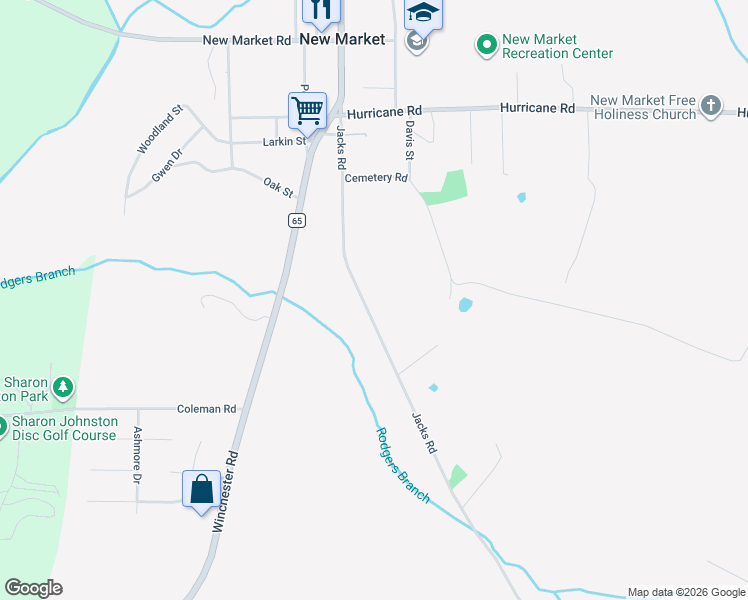 map of restaurants, bars, coffee shops, grocery stores, and more near 305 Jacks Road in New Market
