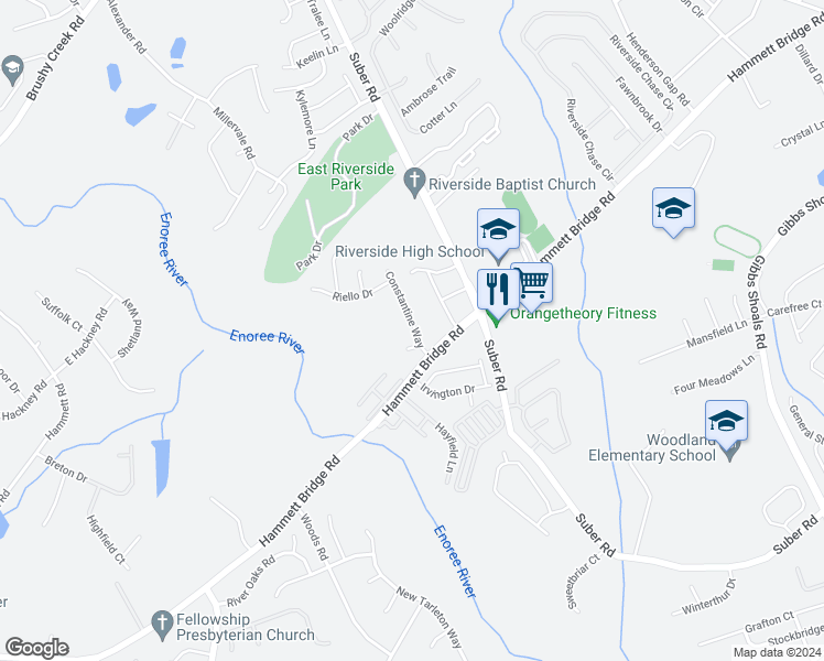 map of restaurants, bars, coffee shops, grocery stores, and more near 105 Constantine Way in Greer