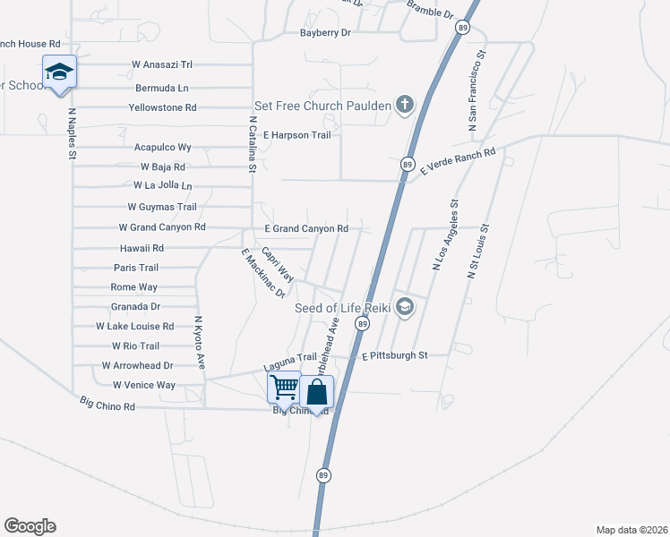 map of restaurants, bars, coffee shops, grocery stores, and more near 24378 North Yosemite Street in Paulden