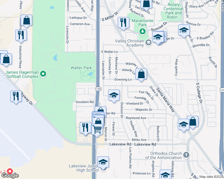 map of restaurants, bars, coffee shops, grocery stores, and more near 3228 Arbor Lane in Santa Maria