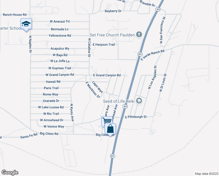 map of restaurants, bars, coffee shops, grocery stores, and more near 24378 North Yosemite Street in Paulden