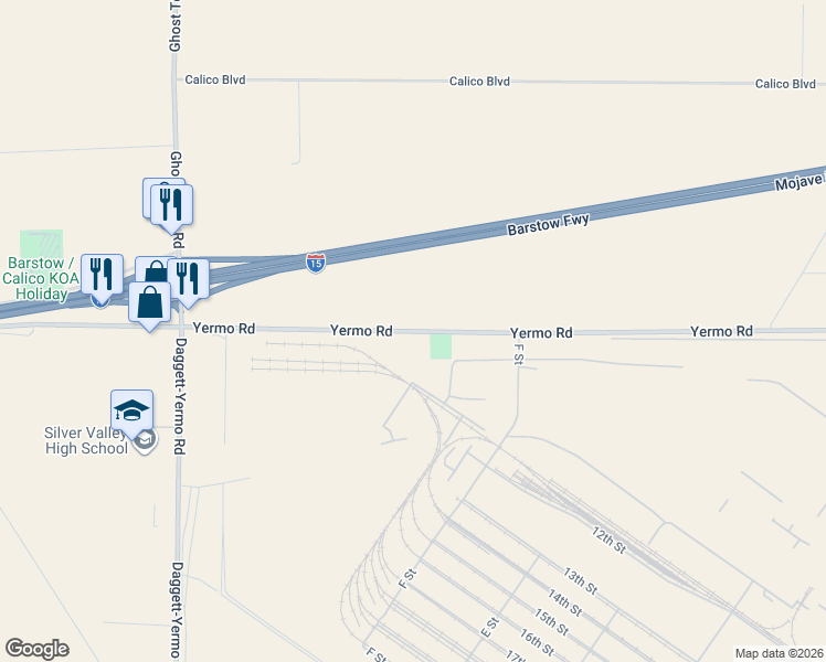 map of restaurants, bars, coffee shops, grocery stores, and more near 35561-36511 Yermo Road in Yermo