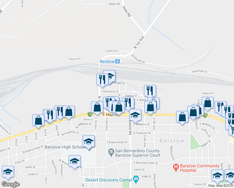 map of restaurants, bars, coffee shops, grocery stores, and more near 224 Hutchison Street in Barstow
