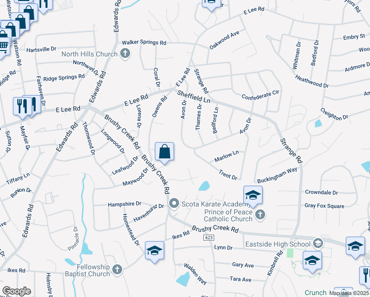 map of restaurants, bars, coffee shops, grocery stores, and more near 6756 Avon Drive in Taylors