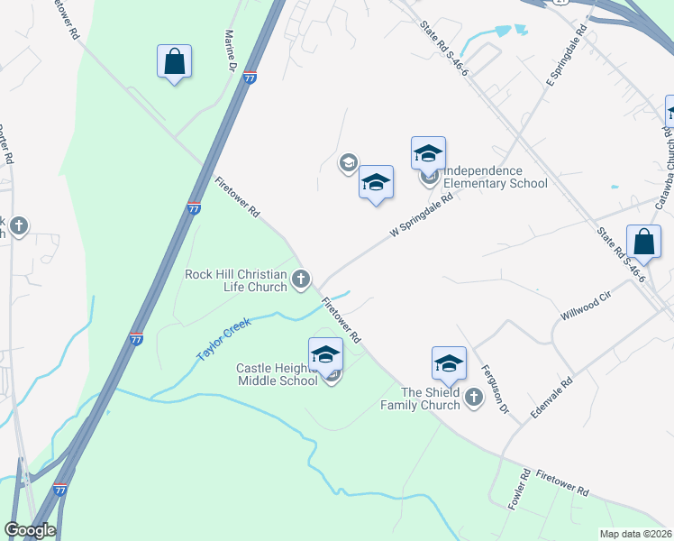 map of restaurants, bars, coffee shops, grocery stores, and more near 132 West Springdale Road in Rock Hill