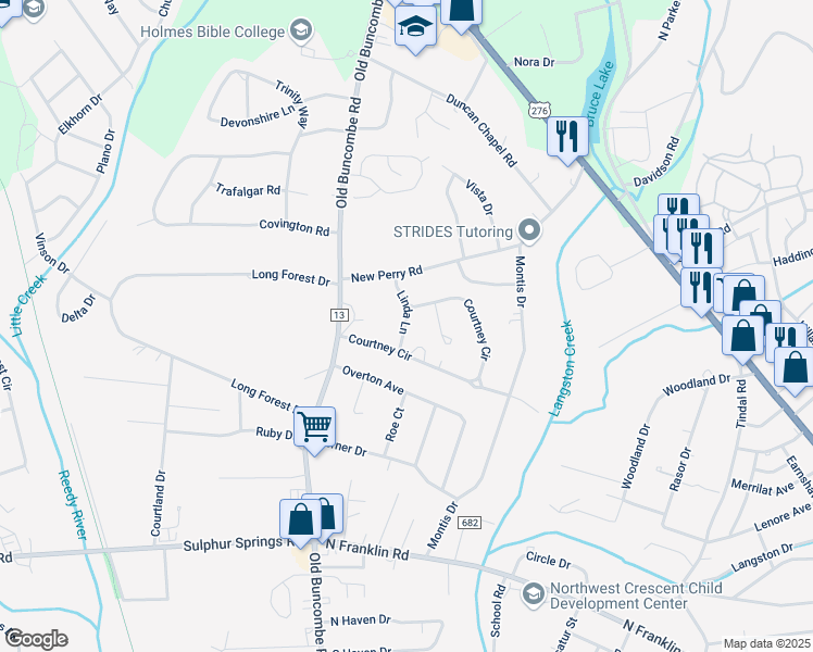 map of restaurants, bars, coffee shops, grocery stores, and more near 105 Courtney Circle in Greenville