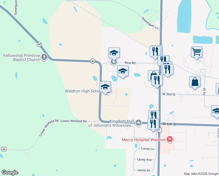 map of restaurants, bars, coffee shops, grocery stores, and more near 566 West Highway in Waldron