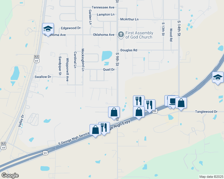 map of restaurants, bars, coffee shops, grocery stores, and more near 2623 Hardy Springs Road in McAlester