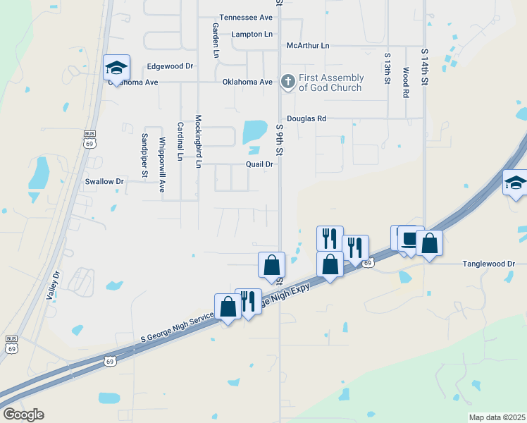map of restaurants, bars, coffee shops, grocery stores, and more near 814 Hardy Springs Circle in McAlester