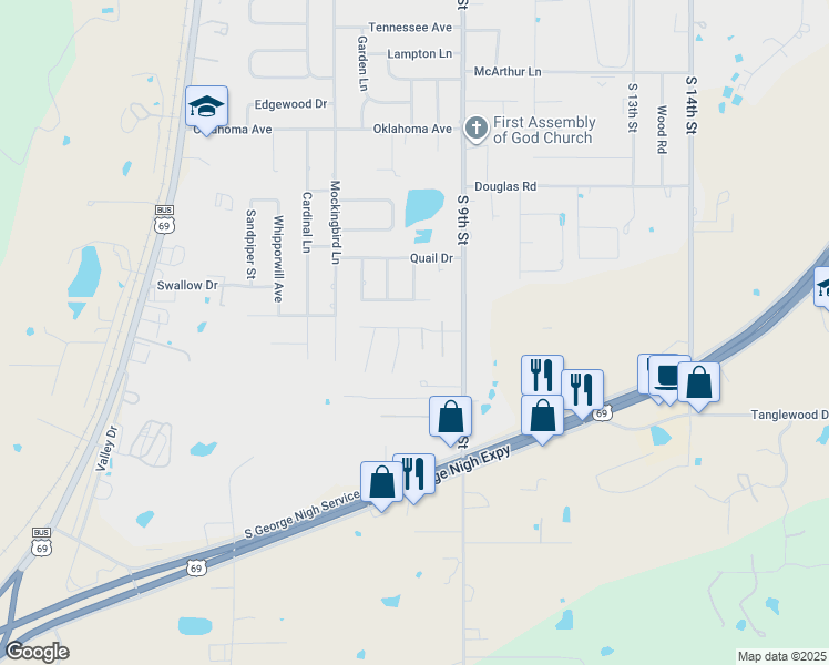 map of restaurants, bars, coffee shops, grocery stores, and more near 818 Hardy Springs Circle in McAlester
