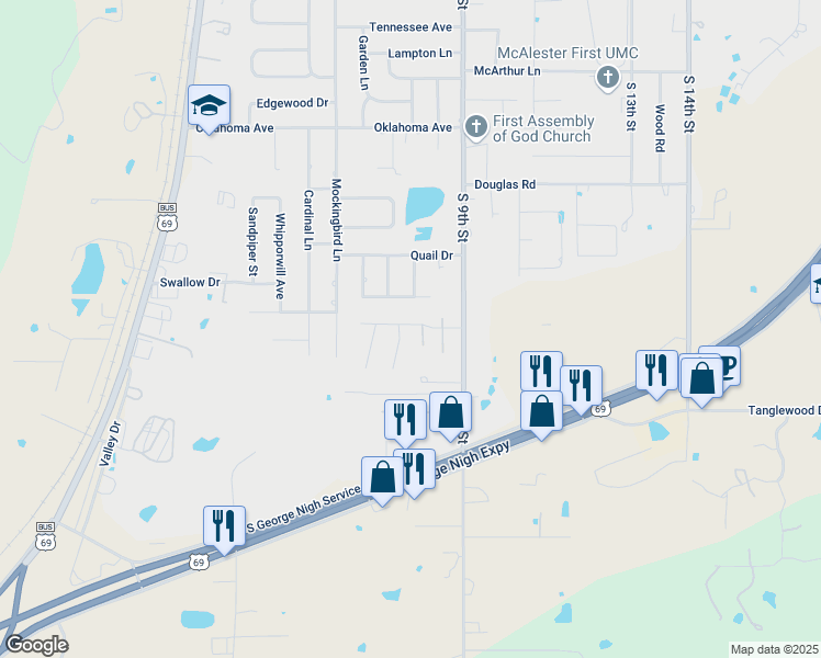 map of restaurants, bars, coffee shops, grocery stores, and more near 814 Hardy Springs Circle in McAlester