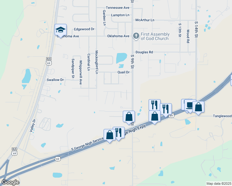map of restaurants, bars, coffee shops, grocery stores, and more near 814 Hardy Springs Circle in McAlester