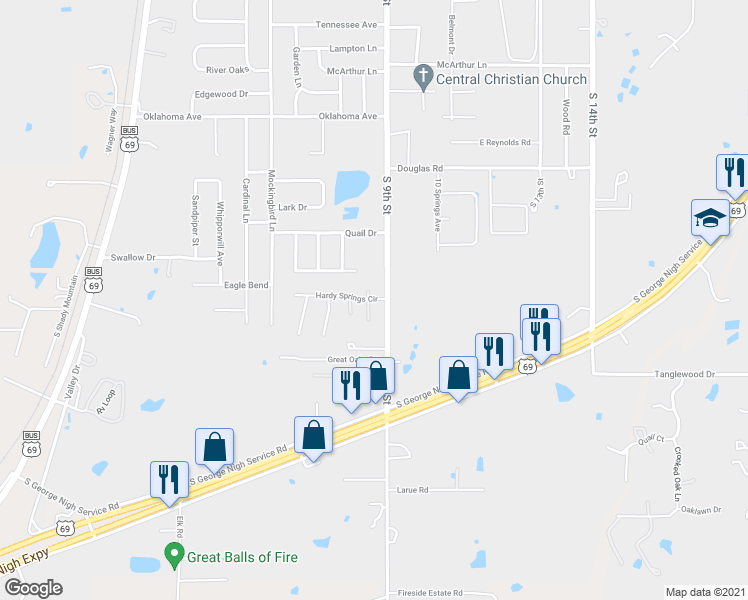 map of restaurants, bars, coffee shops, grocery stores, and more near 814 Hardy Springs Circle in McAlester