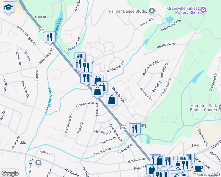 map of restaurants, bars, coffee shops, grocery stores, and more near 207A Hillandale Road in Greenville