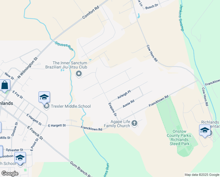 map of restaurants, bars, coffee shops, grocery stores, and more near 107 Groveshire Place in Richlands