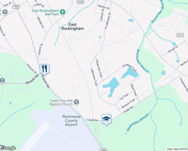 map of restaurants, bars, coffee shops, grocery stores, and more near 238 Lakeview Trail in Rockingham