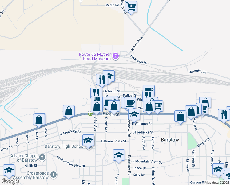 map of restaurants, bars, coffee shops, grocery stores, and more near 220 Hutchison Street in Barstow