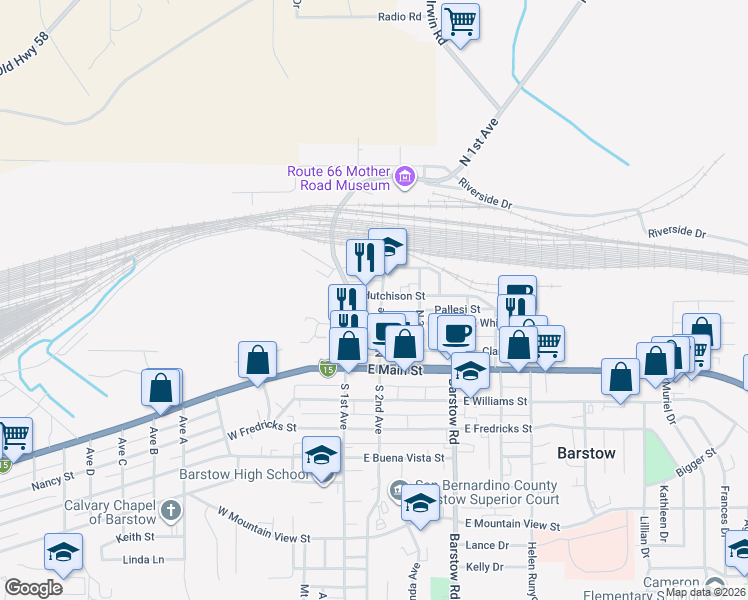 map of restaurants, bars, coffee shops, grocery stores, and more near 320 North 2nd Avenue in Barstow