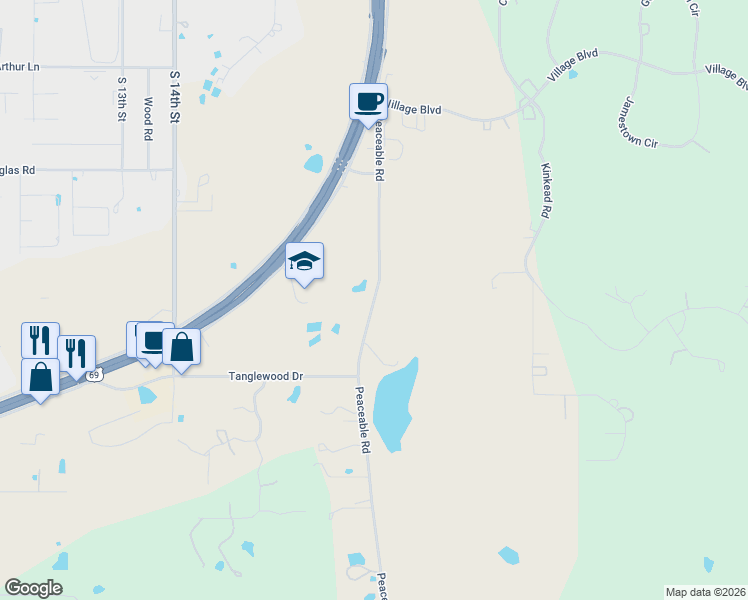 map of restaurants, bars, coffee shops, grocery stores, and more near 2828 Peaceable Road in McAlester
