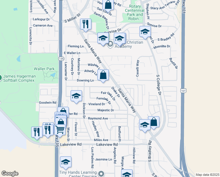 map of restaurants, bars, coffee shops, grocery stores, and more near 586 Fair Oaks Drive in Santa Maria