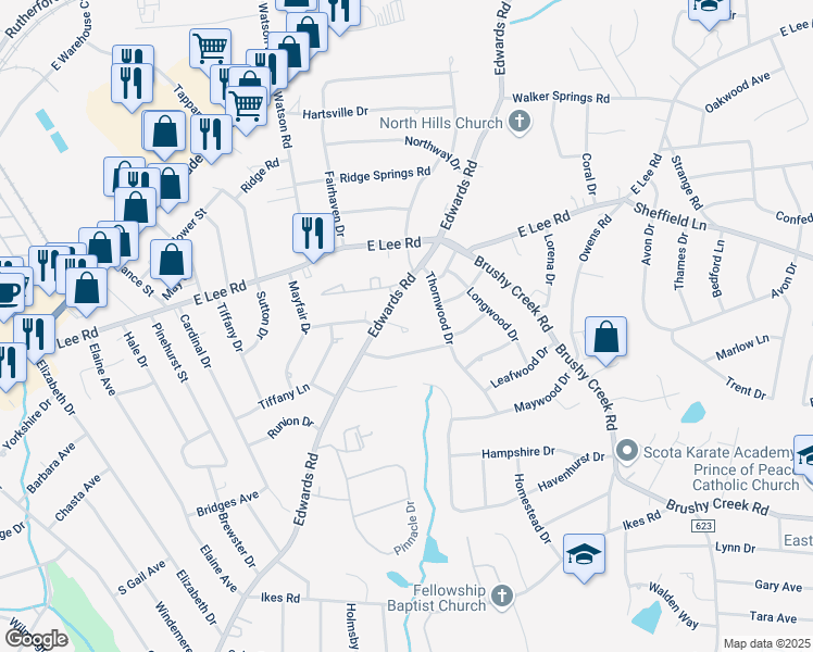 map of restaurants, bars, coffee shops, grocery stores, and more near 13 Forestwood Drive in Taylors