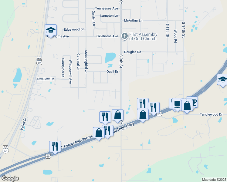 map of restaurants, bars, coffee shops, grocery stores, and more near 814 Hardy Springs Circle in McAlester