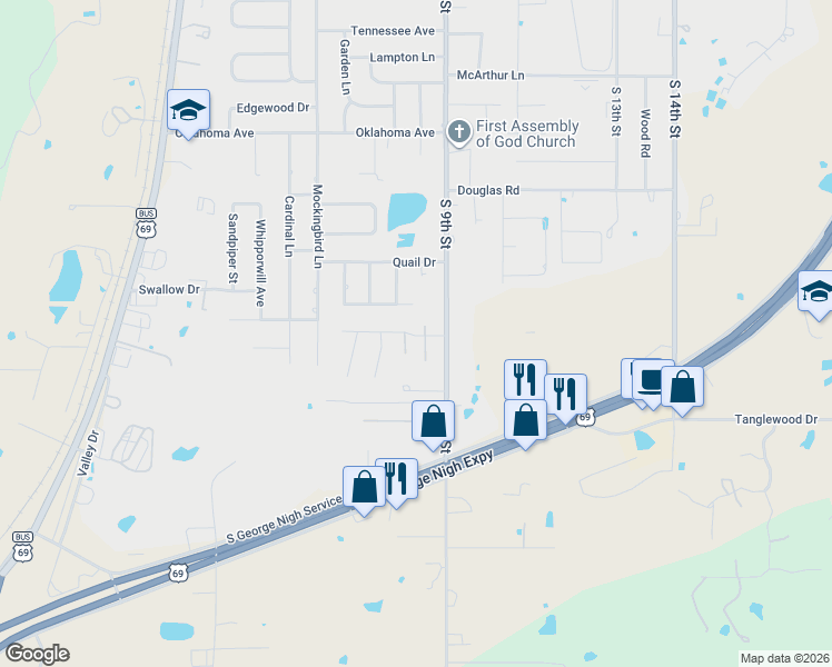 map of restaurants, bars, coffee shops, grocery stores, and more near 818 Hardy Springs Circle in McAlester