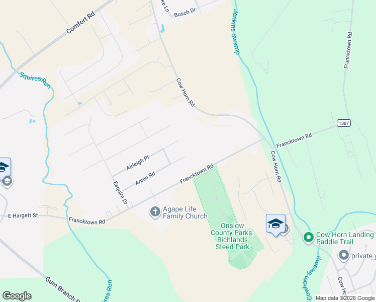 map of restaurants, bars, coffee shops, grocery stores, and more near 135 Annie Road in Richlands