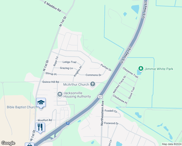 map of restaurants, bars, coffee shops, grocery stores, and more near 1220 Commons Drive in Jacksonville