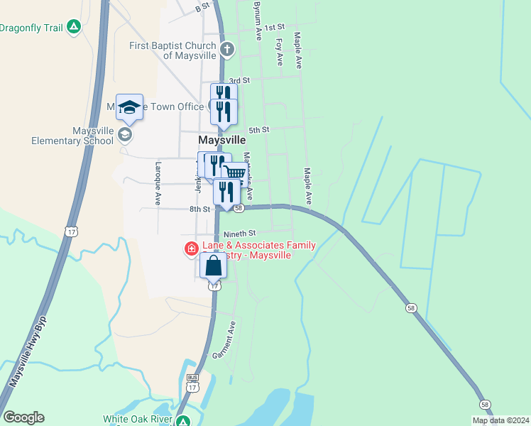 map of restaurants, bars, coffee shops, grocery stores, and more near 401 8th Street in Maysville