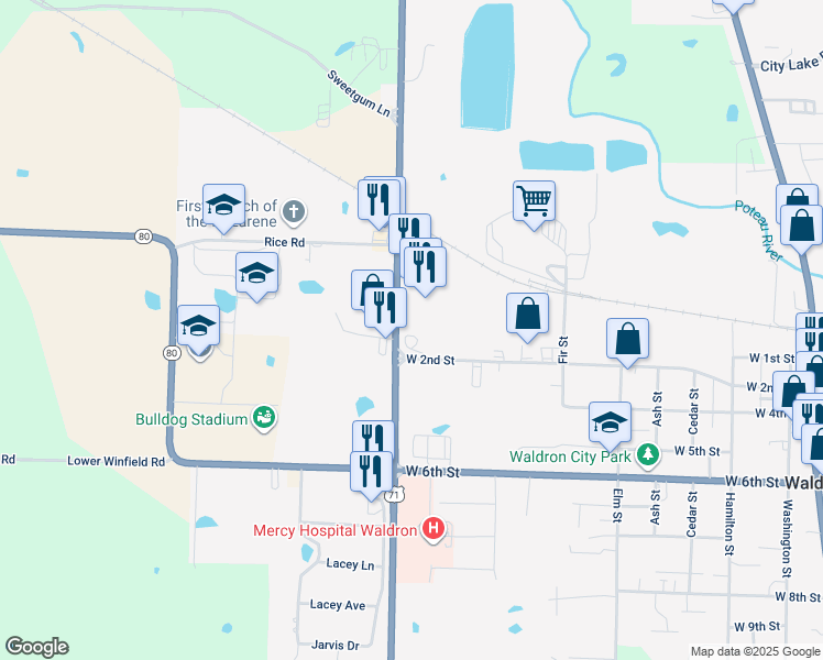 map of restaurants, bars, coffee shops, grocery stores, and more near 85 Arkansas 28 in Waldron