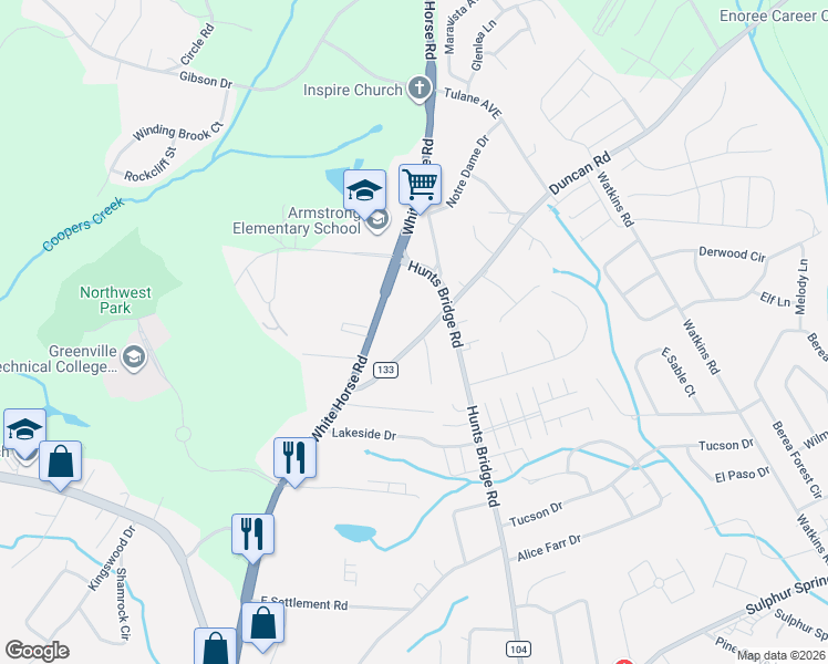 map of restaurants, bars, coffee shops, grocery stores, and more near 490 Duncan Road in Greenville