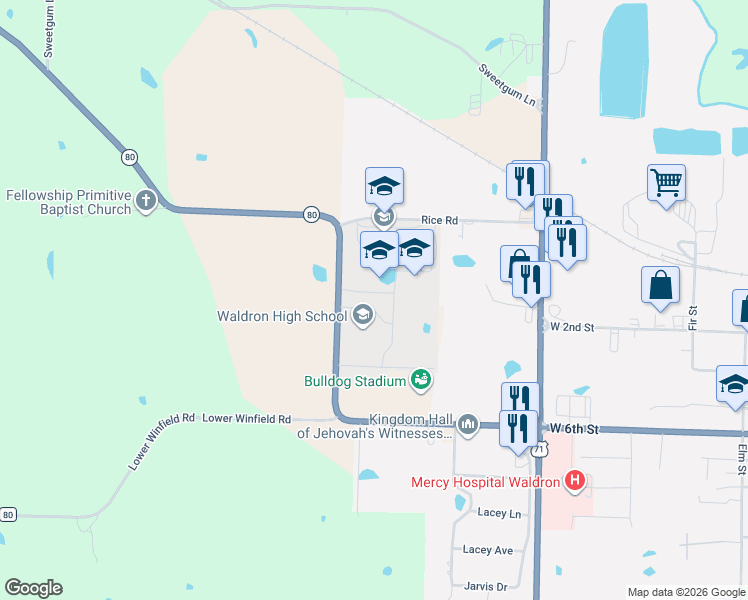 map of restaurants, bars, coffee shops, grocery stores, and more near 1895 Rice Road in Waldron