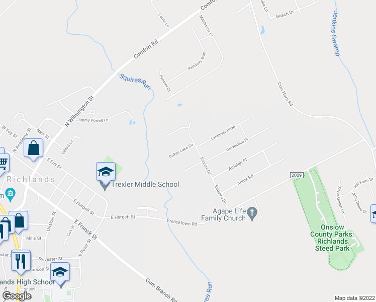 map of restaurants, bars, coffee shops, grocery stores, and more near 105 Dukes Lake Circle in Richlands
