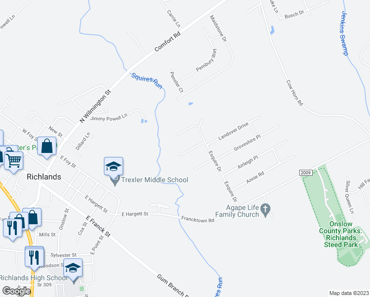 map of restaurants, bars, coffee shops, grocery stores, and more near 112 Dukes Lake Circle in Richlands