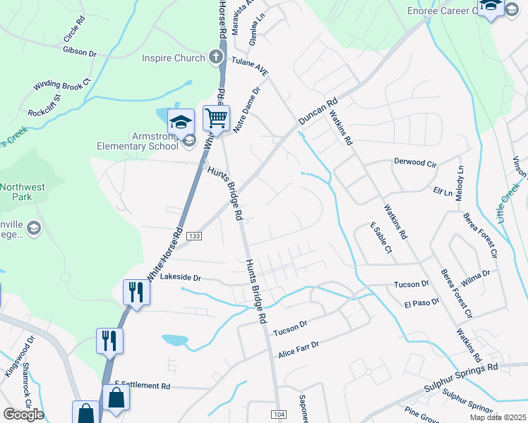 map of restaurants, bars, coffee shops, grocery stores, and more near 710 Hunts Bridge Road in Greenville