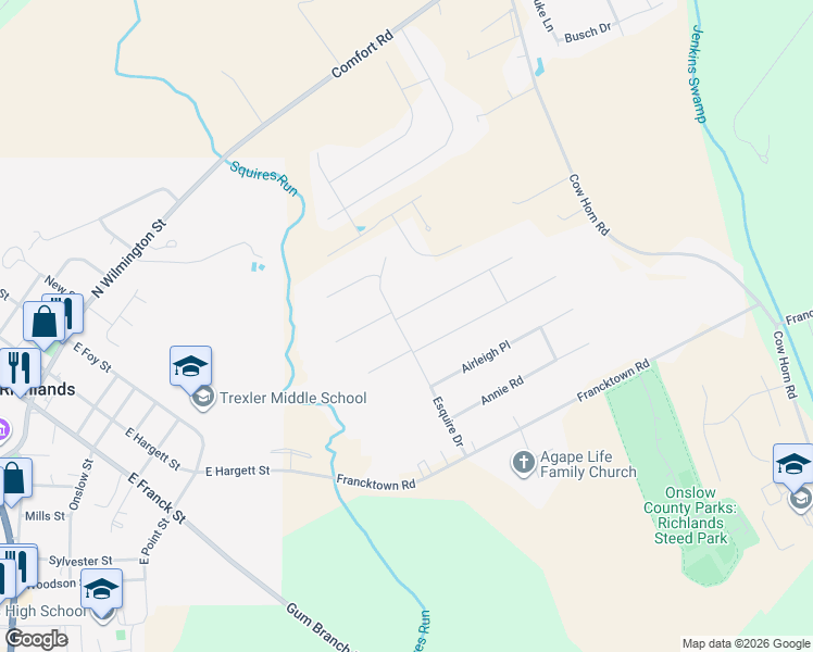 map of restaurants, bars, coffee shops, grocery stores, and more near 103 Landover Drive in Richlands